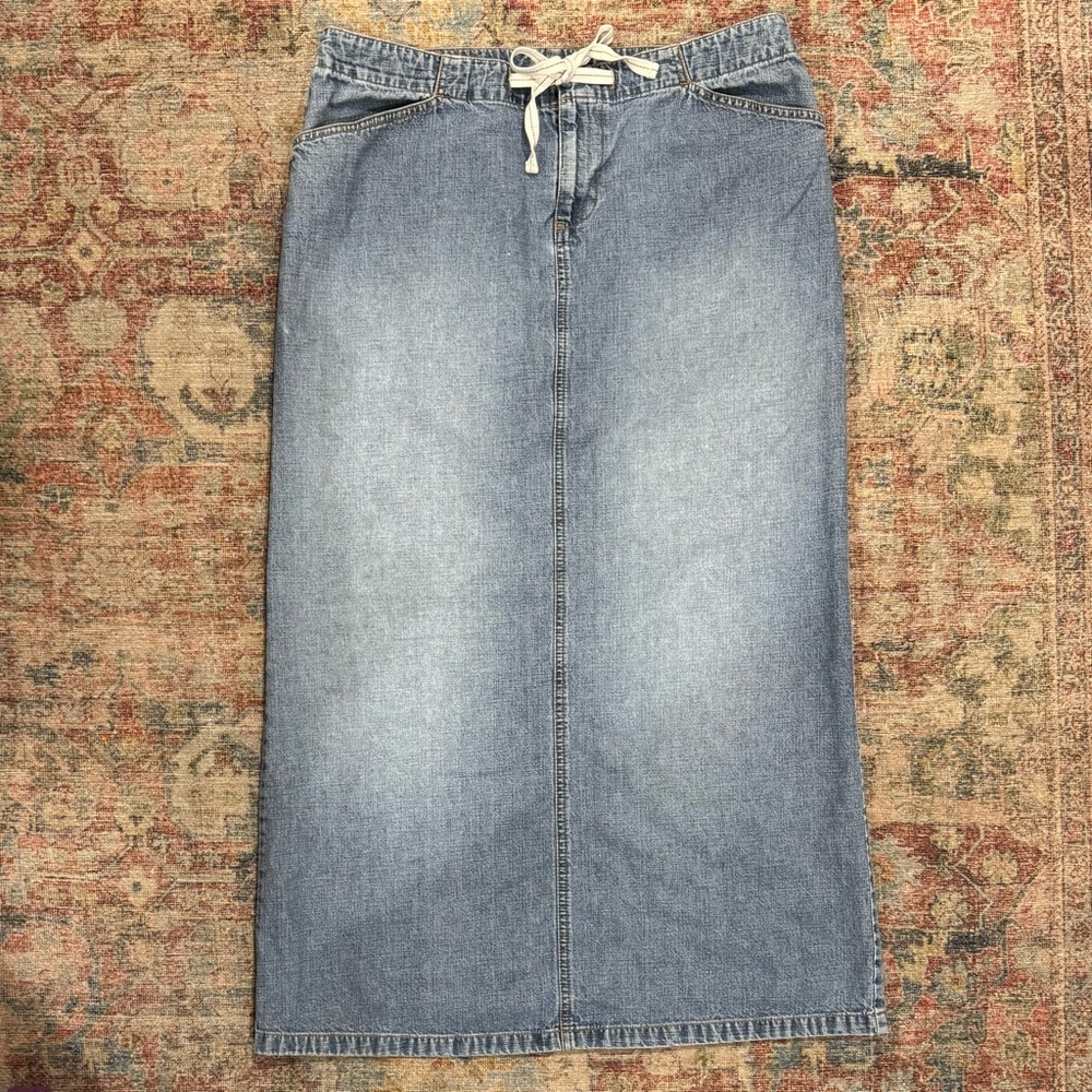 Vintage Long Denim Skirt with Drawstring and back slit, size 14/16